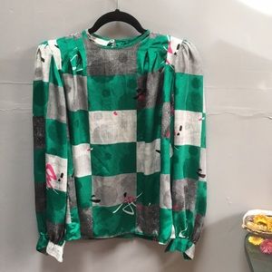 Vintage silky blouse, puff sleeves, keyhole back